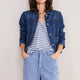 Chiara Linen V Neck Tee - Denim Blue/Ivory Stripe
