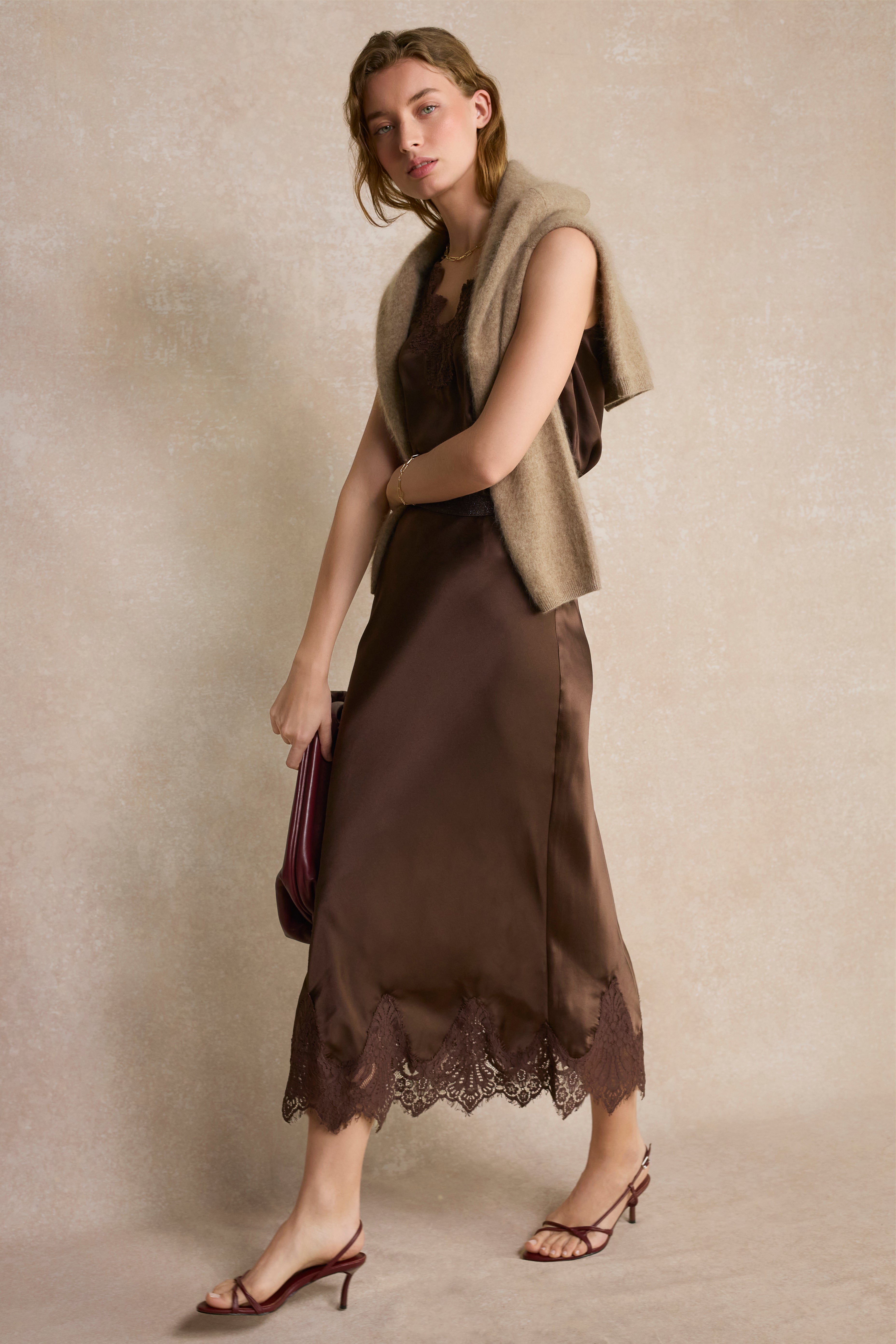 Ella Silk Lace Trim Skirt - Cocoa