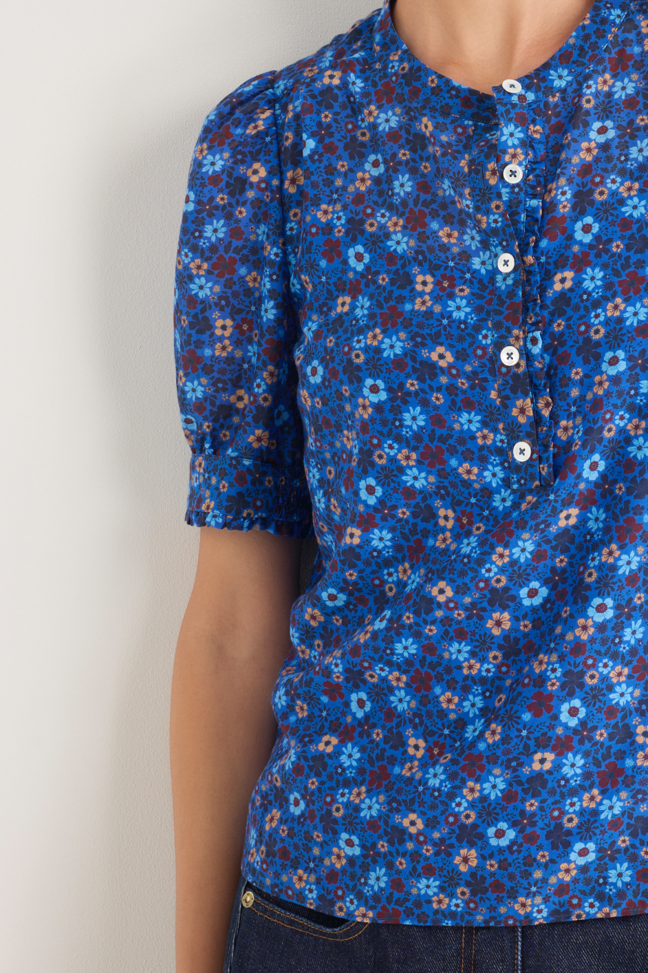 Noah Silk Blend Blouse - Cobalt Retro Ditsy