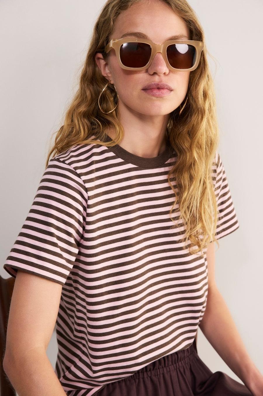 Marley Short Sleeve T-Shirt - Chocolate/Pink Micro Stripe