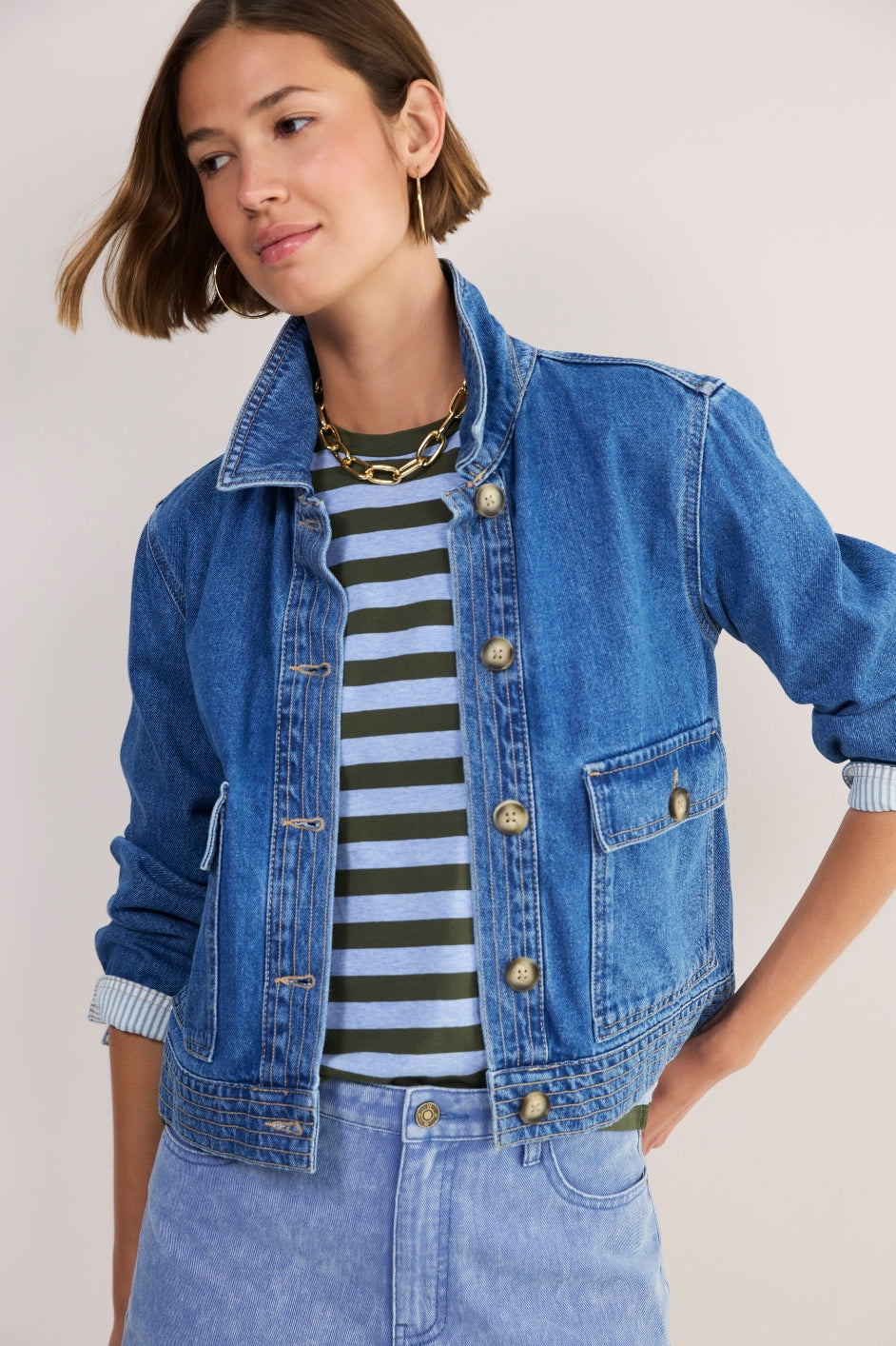 Marley Short Sleeve T-Shirt - Denim Blue/Olive Stripe