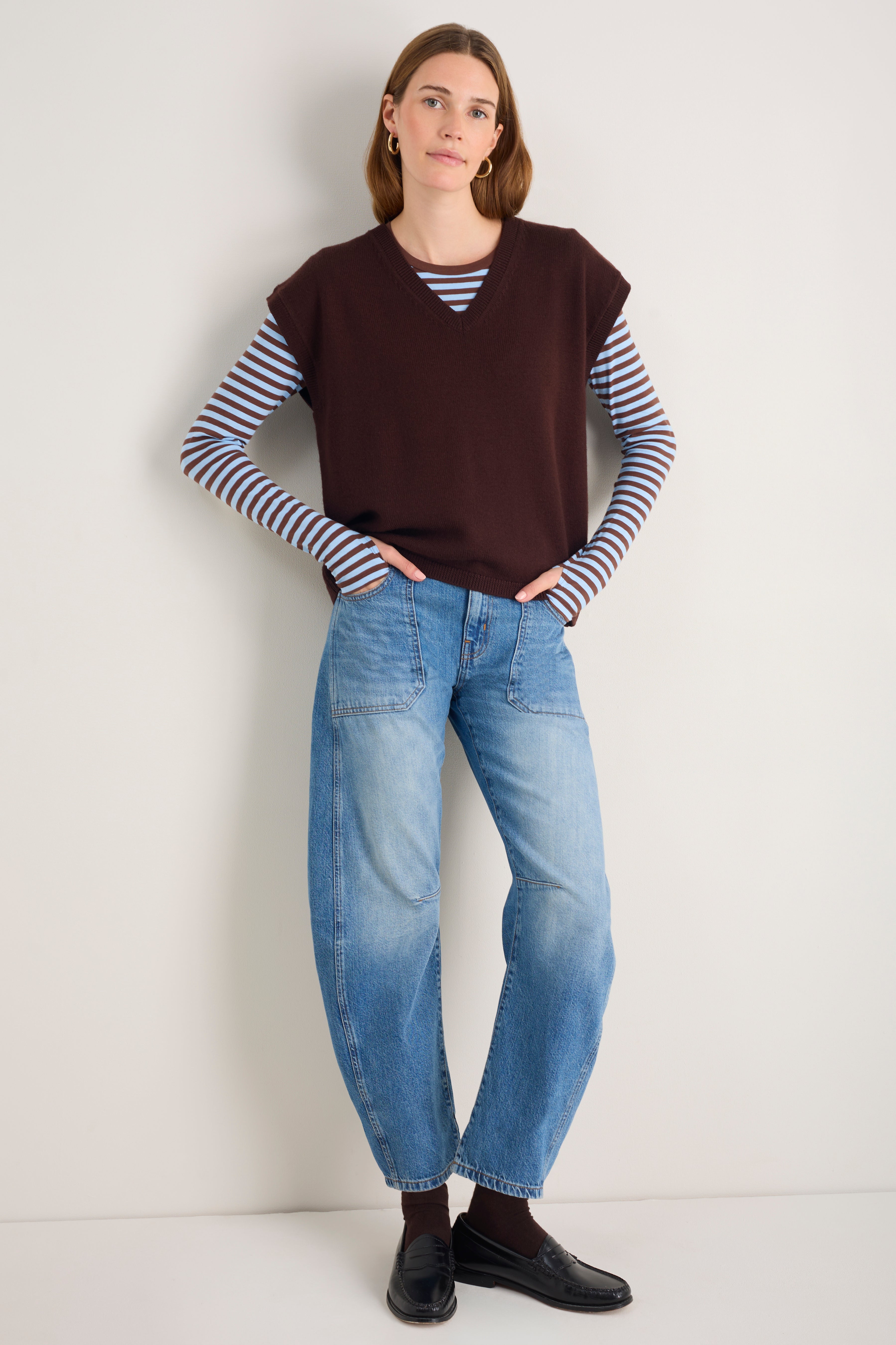 Marnie Long Sleeve Jersey Top - Chocolate/Sky Blue Stripe